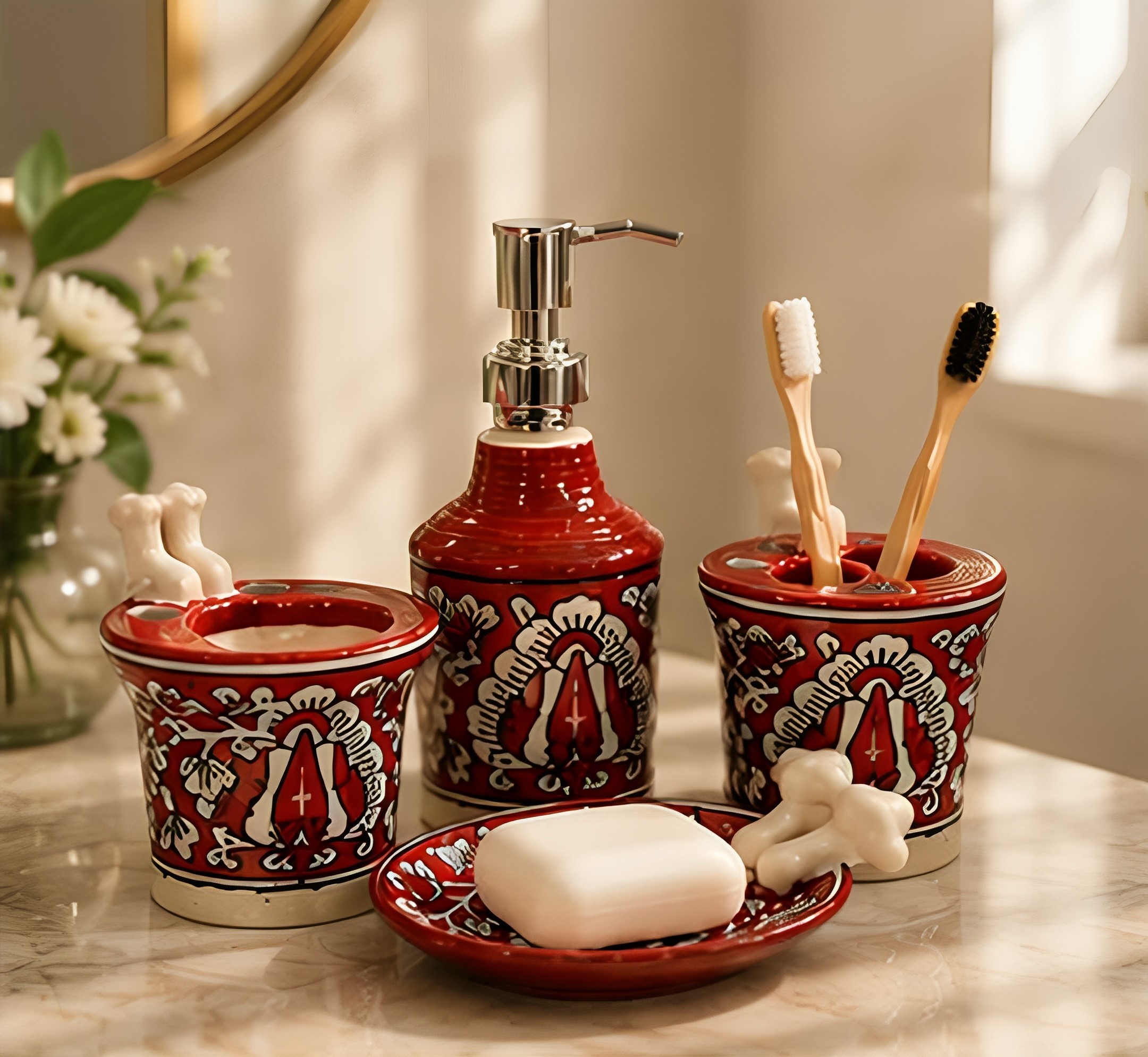 Crimson Handpainted Ceramic Bath Accessory Set